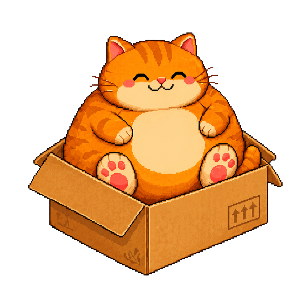 Orange pixel cat adopted in a cardboard box